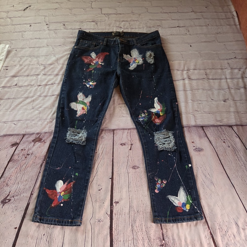 Olmos & Flore X LOB Artist Denim Blue Jeans Paint Artwear Distressed Crop Sz 30